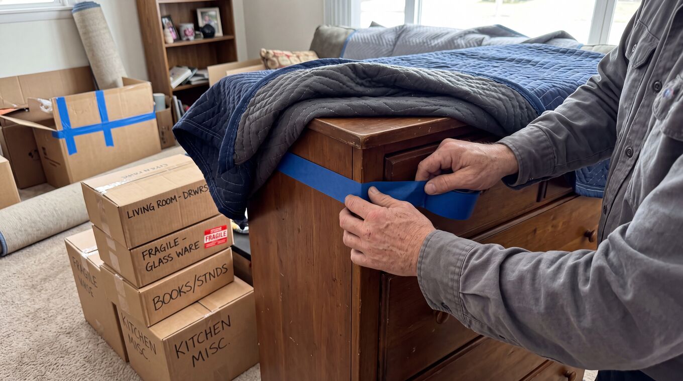 A Breda mover carefully wrapping and padding furniture before a move