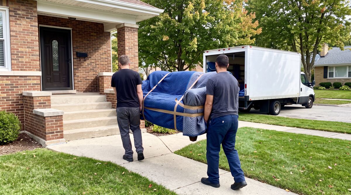 Breda movers carrying a blanket-wrapped sofa into a Chicago-area home